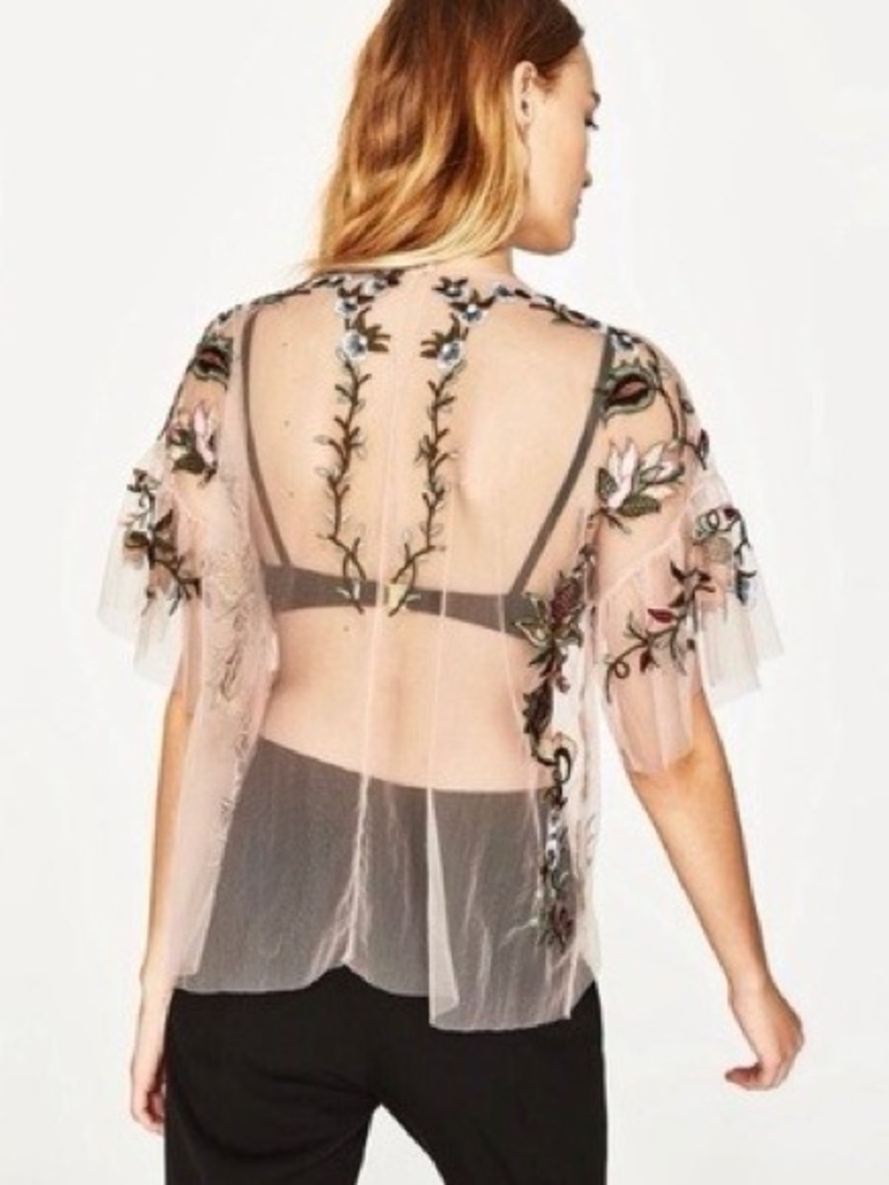 Zara Woman Embroidered Sheer Mesh Floral Top Nude Multi Size M - Picture 2 of 7